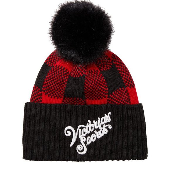 Victoria's Secret Buffalo Plaid Pom Pom Beanie NWT - Picture 1 of 2